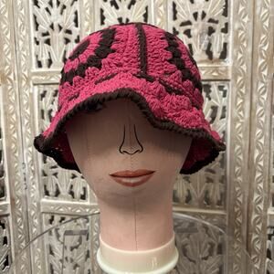 Crochet Granny Square Beanie Knit Hat Women's One Size Handmade Pink Brown